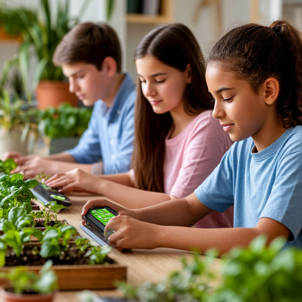 Students learning with smart garden systems